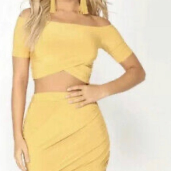 Fashion Nova Mustard Gold Yellow Two Piece Dress skirt set crop top - Picture 7 of 10
